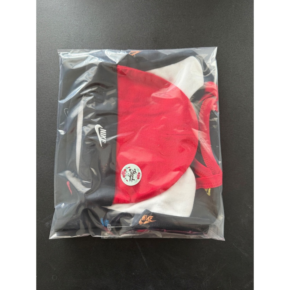 Nike Infant Boys 3 Piece Set Bodysuit Beanie Bib Black Red Multi Logo 6-12M - Picture 6 of 6